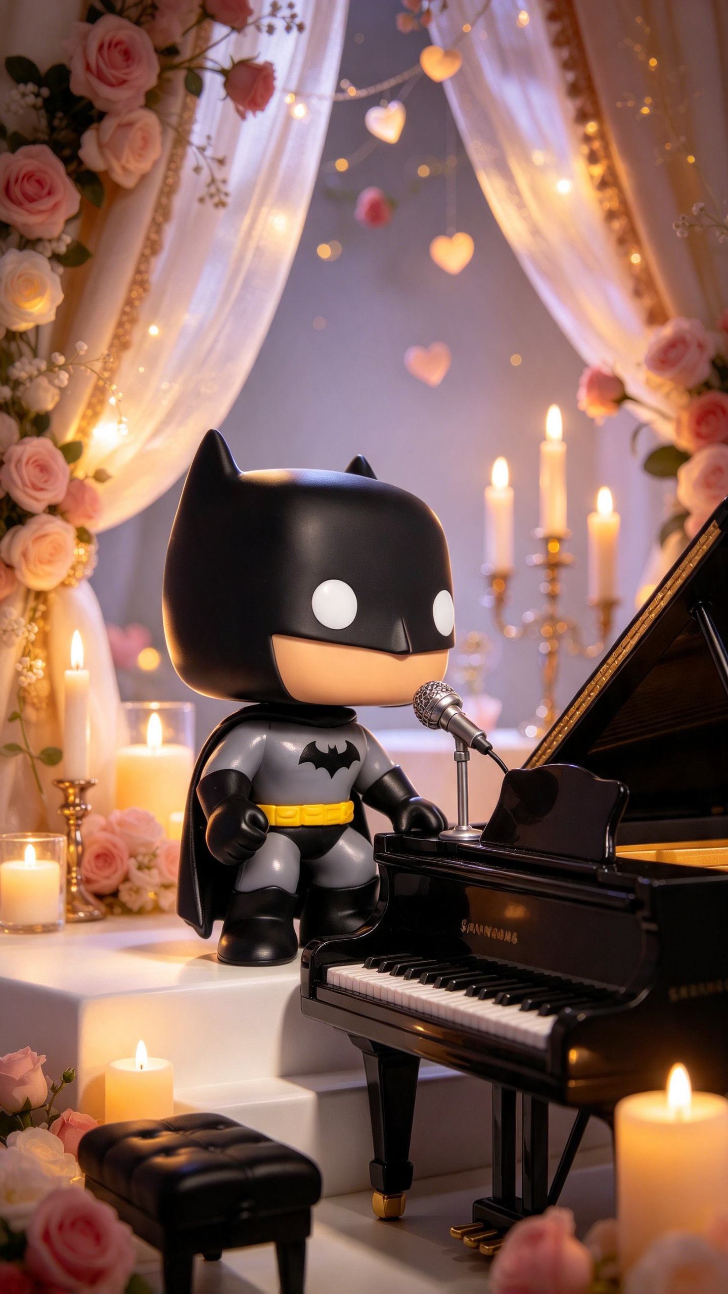 Batty standing beside a grand piano in a candlelit setting with roses