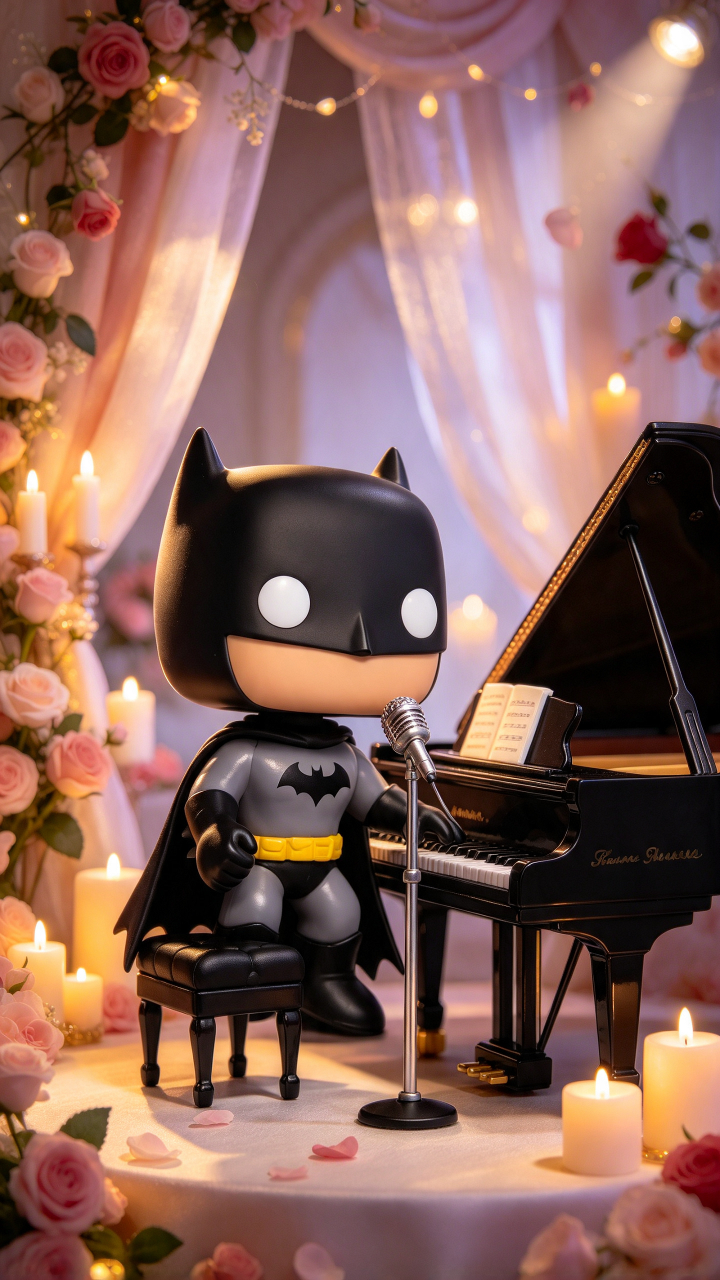 Batty at a grand piano and microphone, surrounded by roses and candlelight