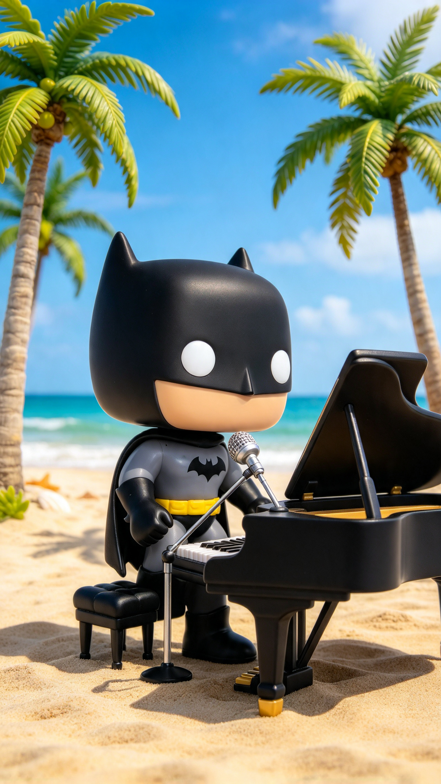 Batty singing at a grand piano on a sunny beach beneath palm trees